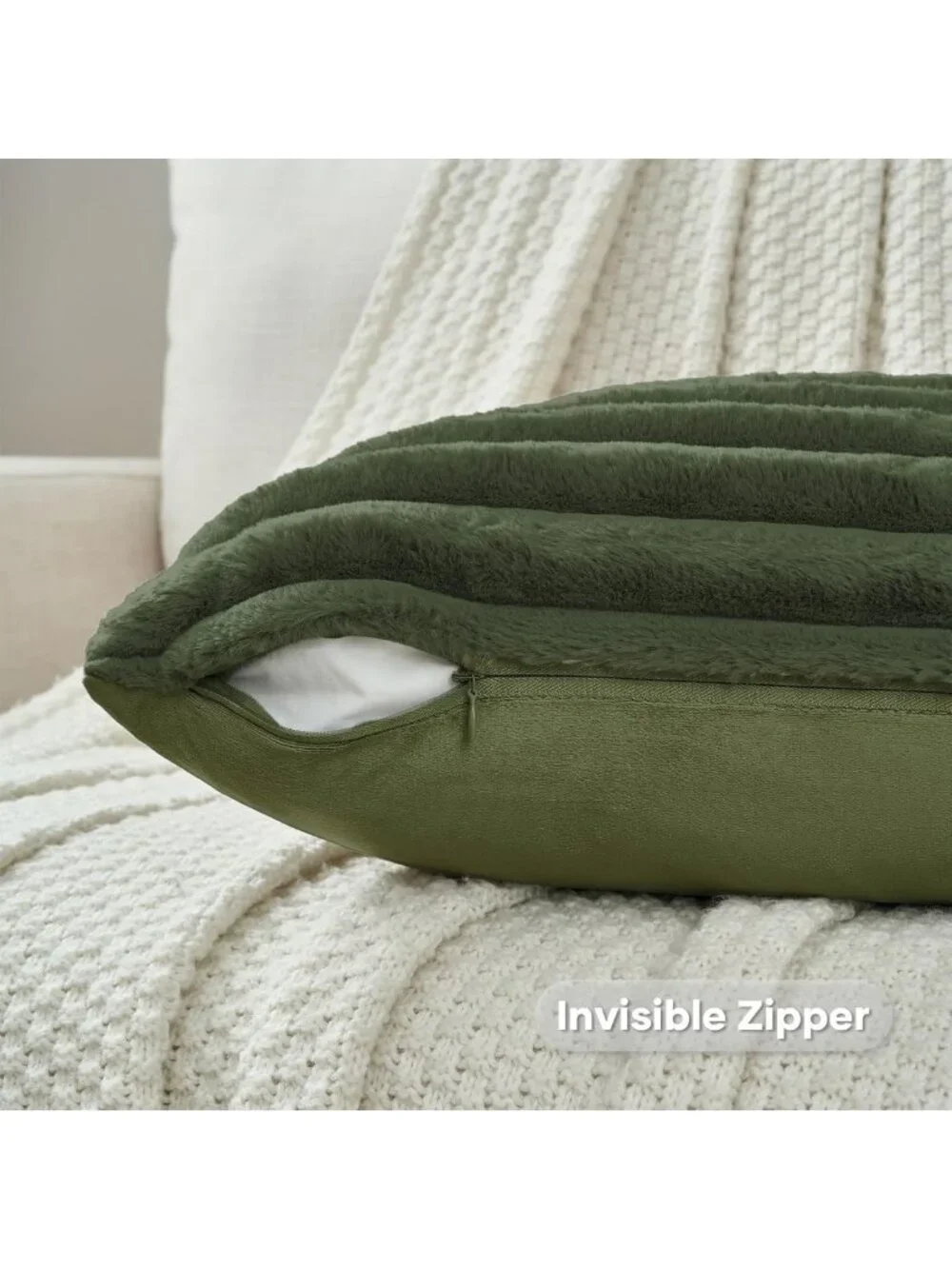 Set of 2 Olive Green Fluffy Faux Fur Throw Pillow Covers 18x18